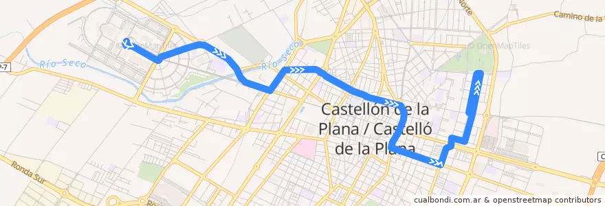 Mapa del recorrido L11 UJI - Rafalafena de la línea  en Castelló de la Plana.