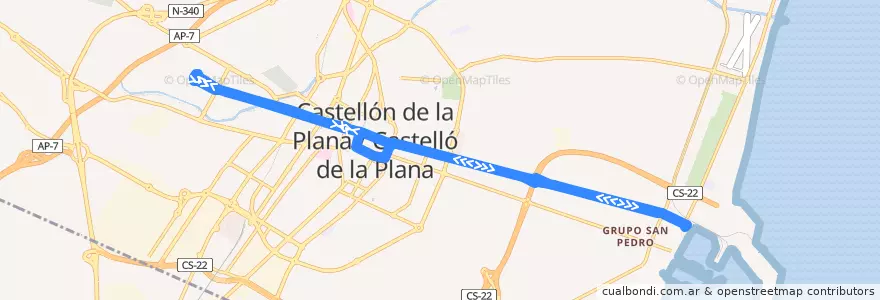 Mapa del recorrido TRAM 1 de la línea  en Castelló de la Plana.
