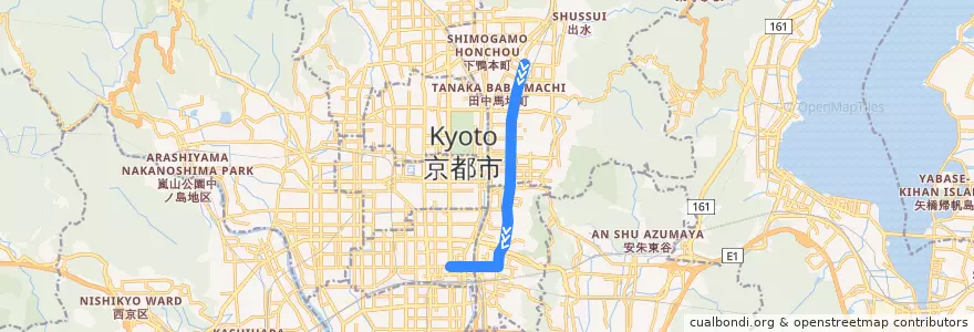 Mapa del recorrido バス: 206: 北大路バスターミナル => 祗園 => 四条大宮 => 北大路バスターミナル de la línea  en 京都市.