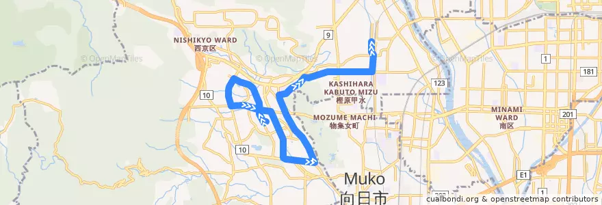 Mapa del recorrido バス: 西8: 洛西バスターミナル => 桂駅西口 de la línea  en 西京区.