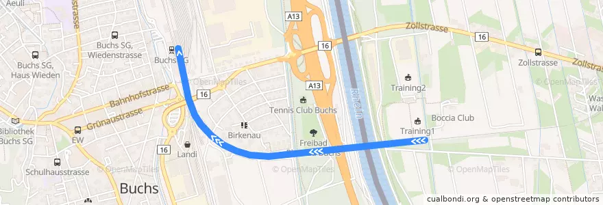 Mapa del recorrido S-Bahn S2: Buchs => Feldkirch de la línea  en Buchs (SG).