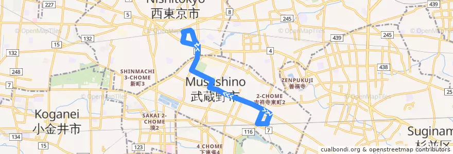 Mapa del recorrido 吉祥寺線 サンロード入り口 - 柳沢駅 de la línea  en Tokyo.