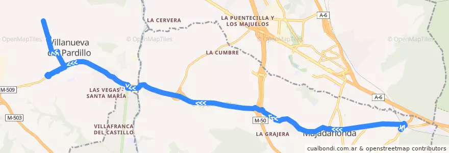 Mapa del recorrido Bus 626A: Majadahonda (Estación FF.CC.) → Villanueva del Pardillo de la línea  en Communauté de Madrid.