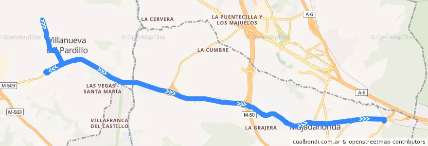 Mapa del recorrido Bus 626A: Villanueva del Pardillo → Majadahonda (Estación FF.CC.) de la línea  en Comunidad de Madrid.