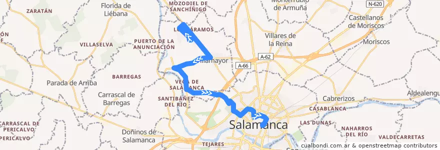 Mapa del recorrido Los Almendros → Salamanca de la línea  en Salamanca.