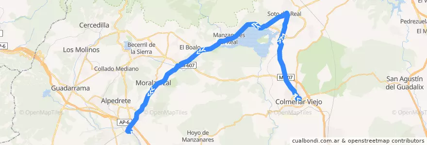Mapa del recorrido Bus 720: Colmenar Viejo → Collado Villalba de la línea  en منطقة مدريد.
