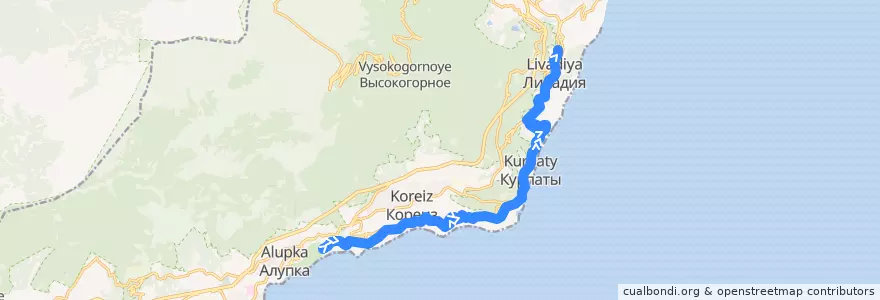 Mapa del recorrido Автобус № 102: Алупка (Воронцовский дворец) - Ялта АВ de la línea  en городской округ Ялта.