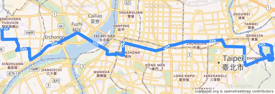 Mapa del recorrido 臺北市 257 新莊高中-南港花園社區 (往程) de la línea  en 新北市.