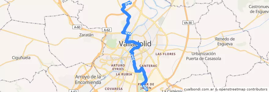 Mapa del recorrido Bus 4: Fuente Berrocal => Pinar del Jalón de la línea  en Valladolid.