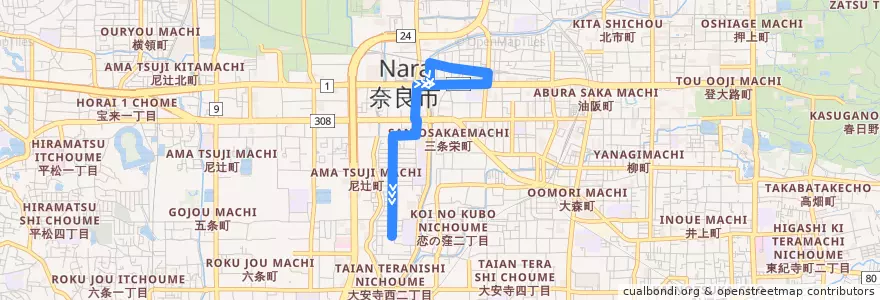 Mapa del recorrido 新大宮駅前 - 四条大路南町 (Shin-Ōmiya Ekimae to Shijō-ōji Minami-machi) de la línea  en 奈良市.