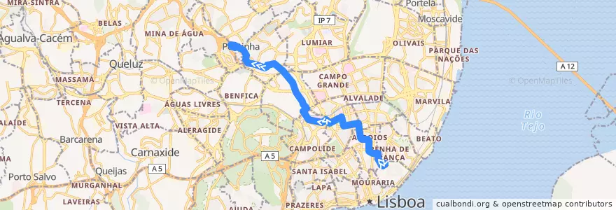 Mapa del recorrido Bus 726: Sapadores → Pontinha de la línea  en Lisboa.