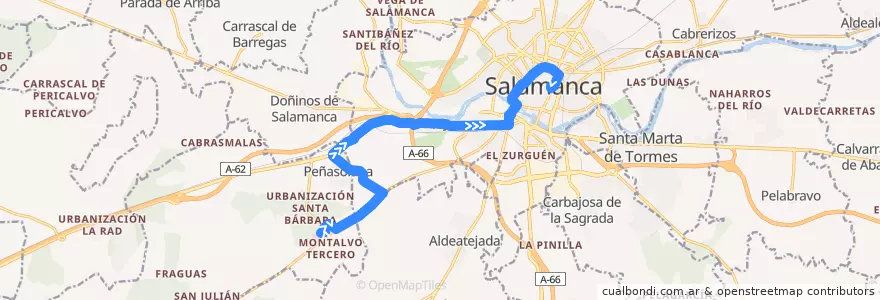Mapa del recorrido Hospital los Montalvos → Urbanización Peñasolana → Salamanca de la línea  en Salamanca.
