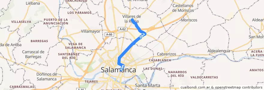 Mapa del recorrido Villares de la Reina → Polígono de los Villares → Salamanca de la línea  en Salamanca.