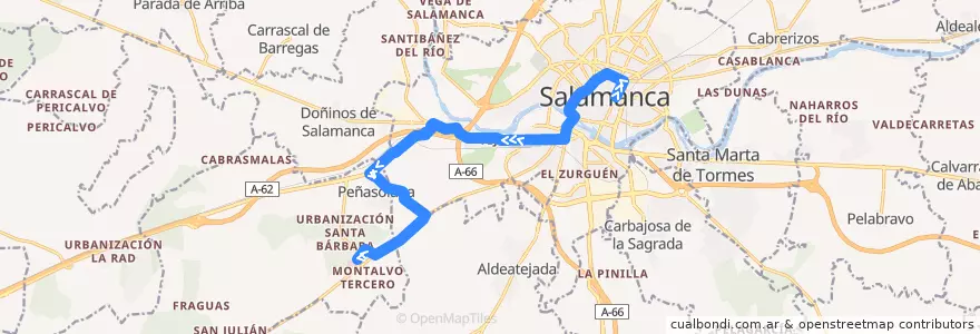Mapa del recorrido Salamanca → Urbanización Peñasolana → Hospital Los Montalvos de la línea  en Саламанка.