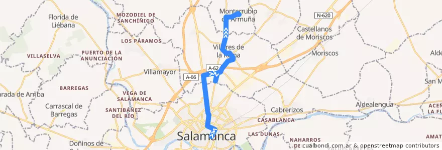 Mapa del recorrido Salamanca → Villares de la Reina de la línea  en Salamanca.