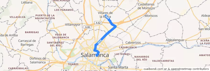 Mapa del recorrido Salamanca → Polígono de los Villares → Villares de la Reina de la línea  en Salamanca.