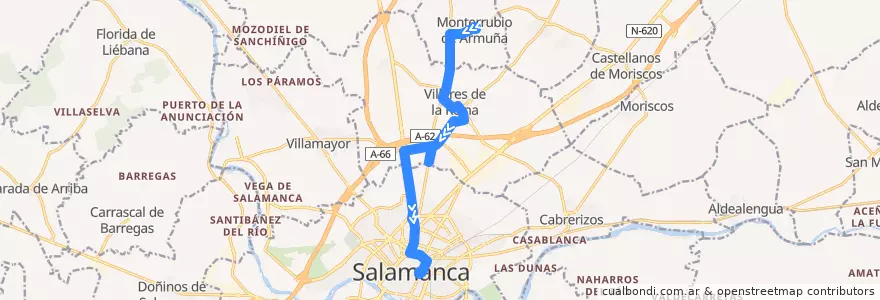 Mapa del recorrido Villares de la Reina → Salamanca de la línea  en Salamanca.