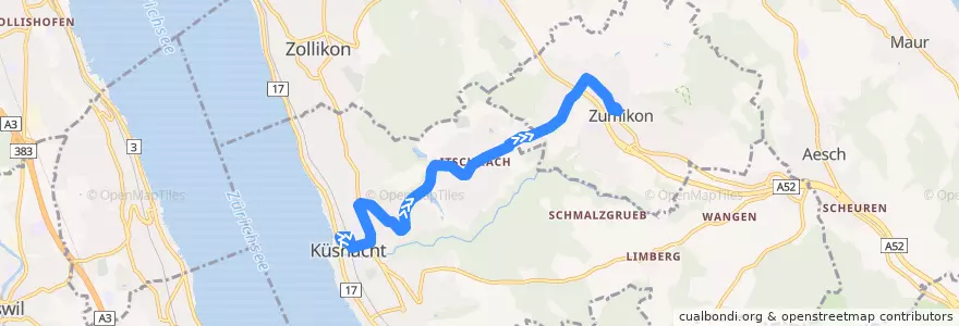 Mapa del recorrido Bus 919: Küsnacht ZH, Bahnhof → Zumikon, Dorfzentrum de la línea  en Bezirk Meilen.