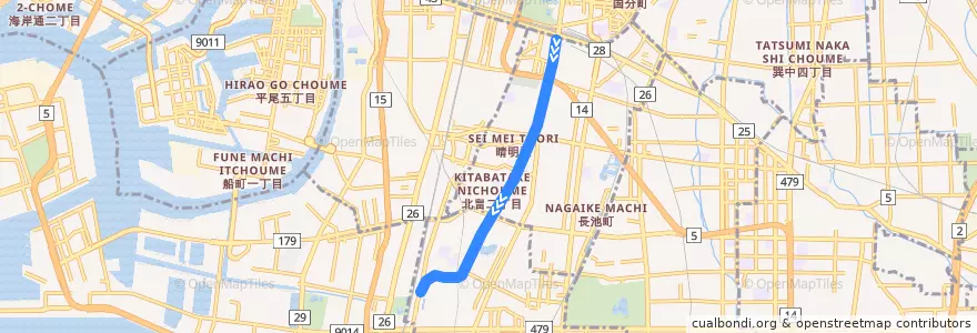 Mapa del recorrido 阪堺電車上町線 de la línea  en 大阪市.