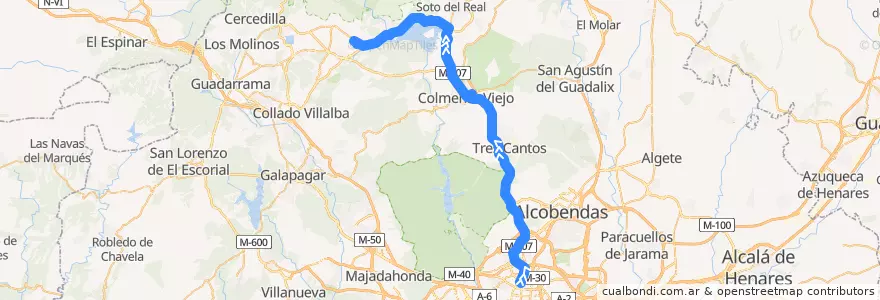 Mapa del recorrido Bus 724: Madrid (Plaza Castilla) → Manzanares → El Boalo de la línea  en منطقة مدريد.