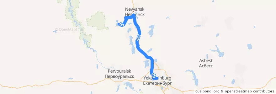 Mapa del recorrido Автобус 1054: Екатеринбург – Кировград - Верхний Тагил de la línea  en Свердловская область.