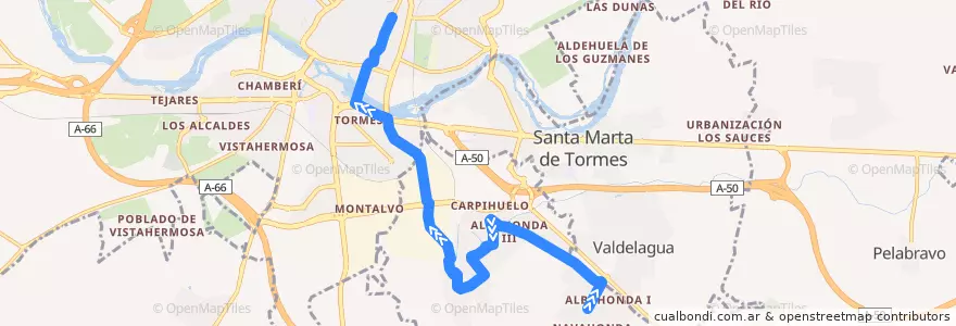 Mapa del recorrido Carbajosa de la Sagrada → Salamanca de la línea  en Campo de Salamanca.
