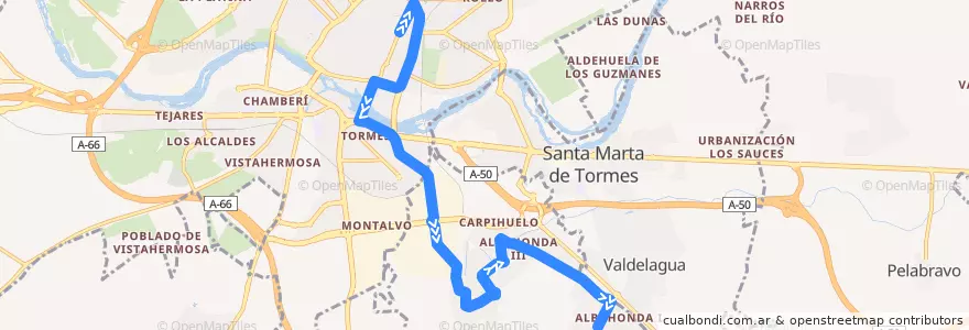Mapa del recorrido Salamanca → Carbajosa de la Sagrada de la línea  en Campo de Salamanca.