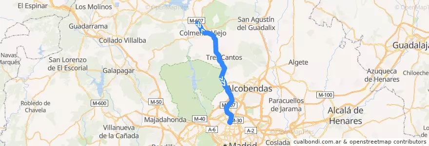 Mapa del recorrido Bus 721: Colmenar Viejo → Madrid (Plaza Castilla) de la línea  en Мадрид.
