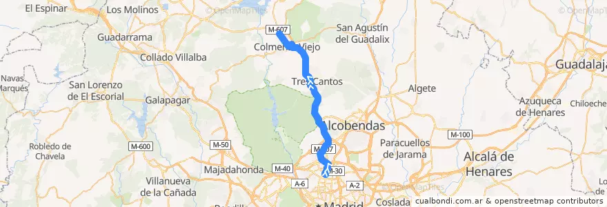 Mapa del recorrido Bus 721: Madrid (Plaza Castilla) → Colmenar Viejo de la línea  en マドリード州.