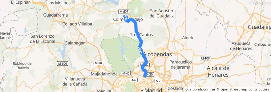 Mapa del recorrido Bus 722: Colmenar Viejo (Gta. Mediterráneo) → Madrid (Plaza Castilla) de la línea  en Comunidad de Madrid.