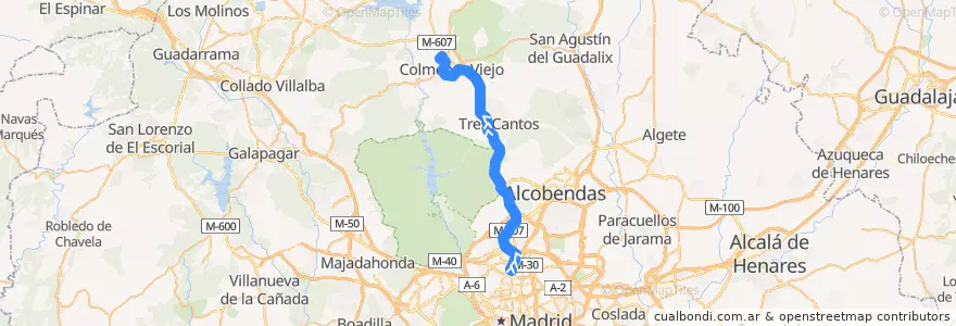 Mapa del recorrido Bus 722: Madrid (Plaza Castilla) → Colmenar Viejo (Gta. Mediterráneo) de la línea  en منطقة مدريد.