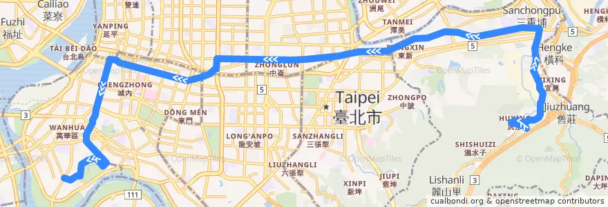 Mapa del recorrido 臺北市 205 中華科大-東園 (往程) de la línea  en 臺北市.