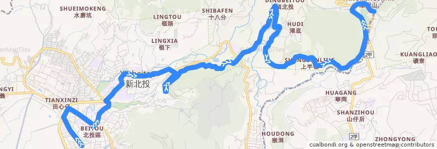 Mapa del recorrido 臺北市 230 捷運北投站-陽明山 (往程) de la línea  en 北投區.