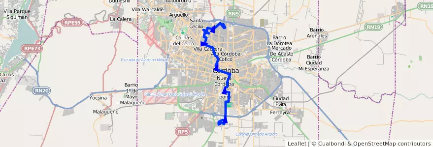 Mapa del recorrido 4 de la línea A (Azul) en Municipio de Córdoba.