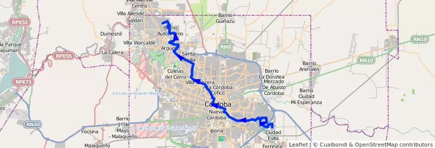 Mapa del recorrido 4 de la línea N (Naranja) en Municipio de Córdoba.