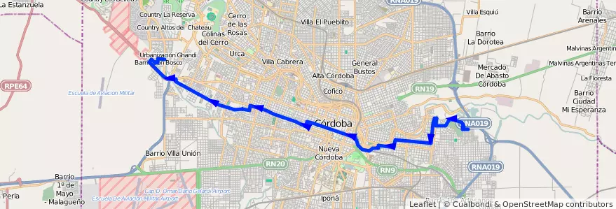 Mapa del recorrido 4 de la línea E (Celeste) en Municipio de Córdoba.