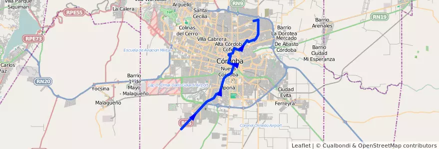 Mapa del recorrido 4 de la línea R (Rojo) en Municipio de Córdoba.