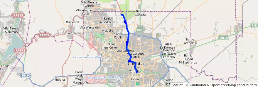Mapa del recorrido 4 de la línea D (Diferencial) en Municipio de Córdoba.