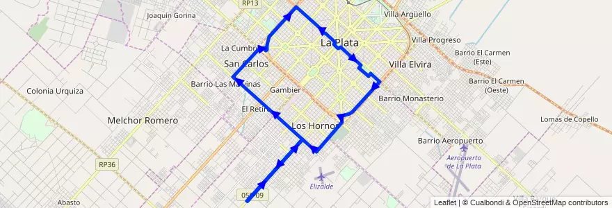 Mapa del recorrido 40 de la línea Sur en Partido de La Plata.
