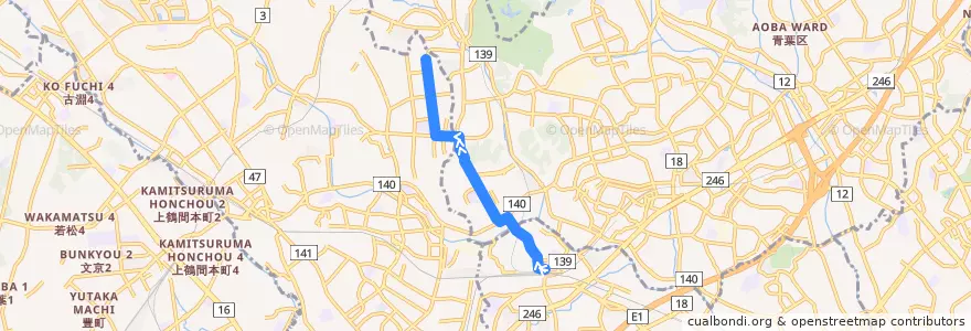 Mapa del recorrido 津02 de la línea  en 青葉区.