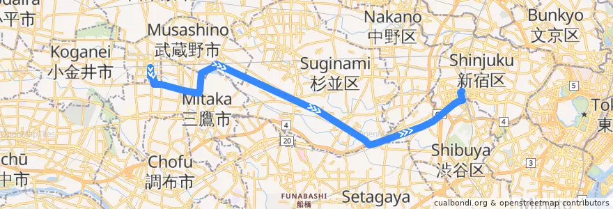 Mapa del recorrido Bus 宿44 武蔵境駅南口->新宿駅西口 de la línea  en Tokyo.