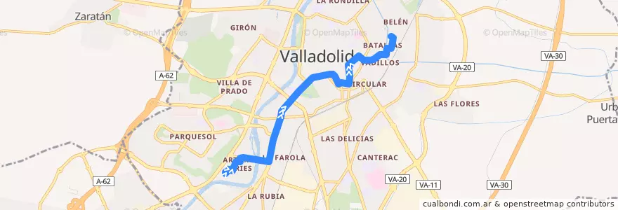 Mapa del recorrido Bus 7: Arturo Eyries => Belén de la línea  en Valladolid.