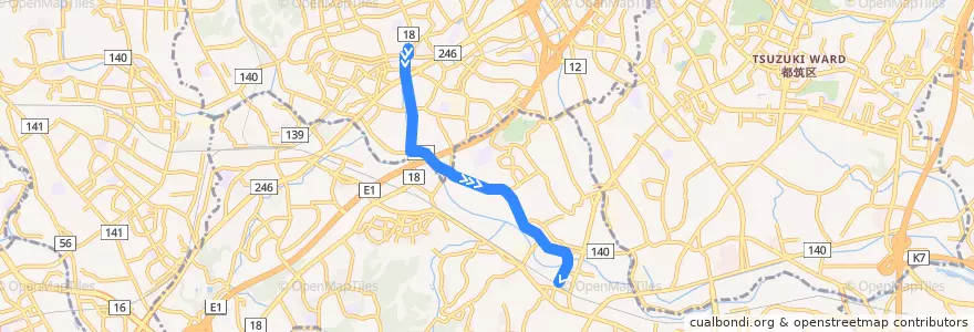 Mapa del recorrido 90系統(青葉台駅→中山駅北口) de la línea  en Midori Ward.