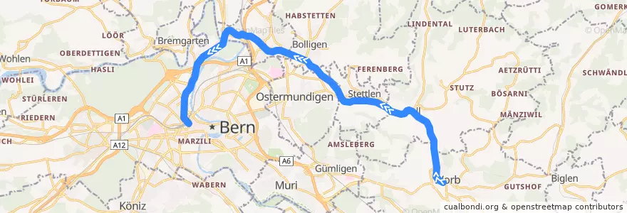 Mapa del recorrido S7: Worb Dorf => Bern RBS de la línea  en Verwaltungsregion Bern-Mittelland.