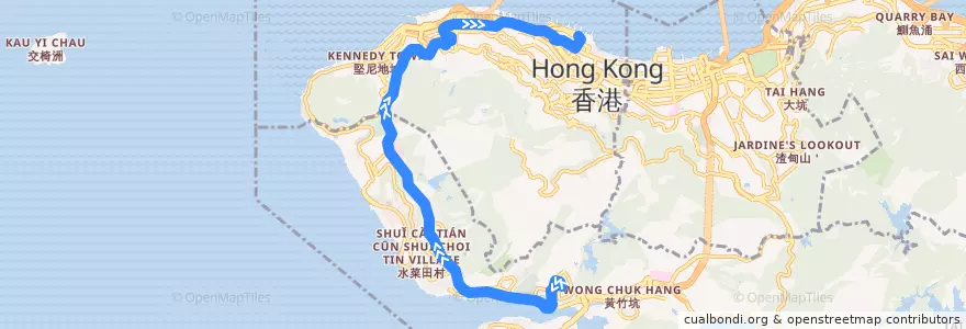 Mapa del recorrido Bus 7 (Shek Pai Wan → Central Ferry Piers) de la línea  en Hong Kong Island.