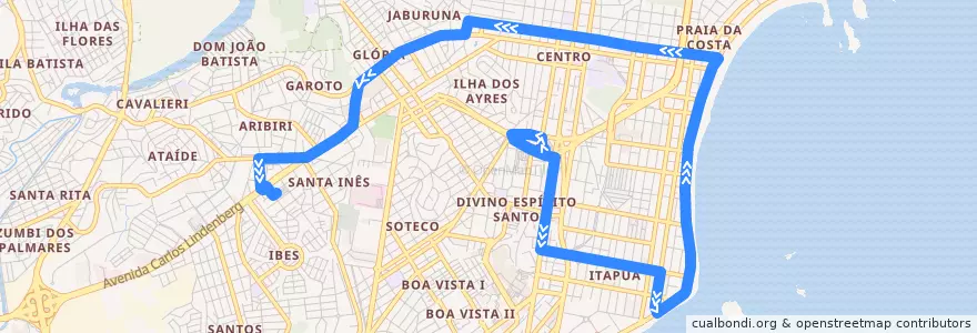 Mapa del recorrido 650 - Termnial de Vila Velha/Terminal do IBES - via Praia de Itapoã de la línea  en Vila Velha.