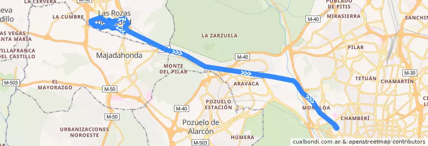 Mapa del recorrido Bus 621: Las Rozas → Madrid (Moncloa) de la línea  en Área metropolitana de Madrid y Corredor del Henares.