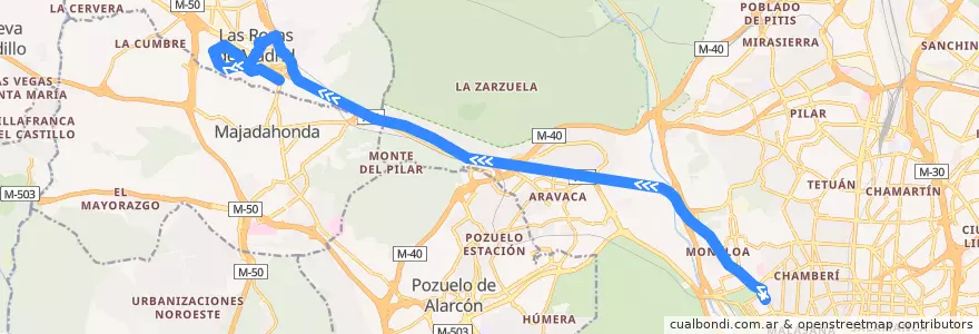 Mapa del recorrido Bus 621: Madrid (Moncloa) → Las Rozas de la línea  en Área metropolitana de Madrid y Corredor del Henares.