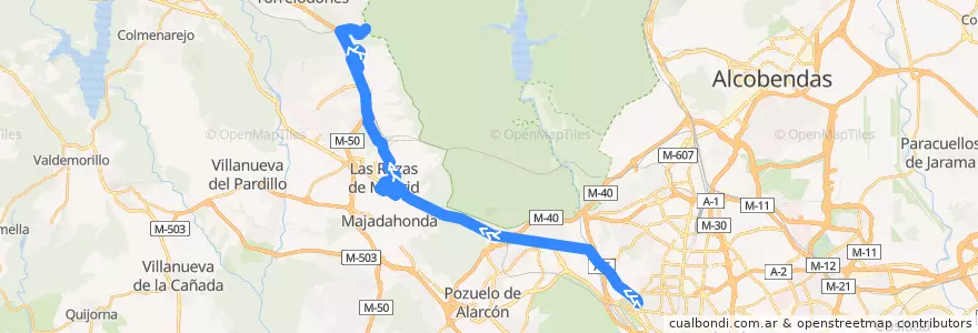 Mapa del recorrido Bus 622: Madrid (Moncloa) → Las Rozas → Las Matas de la línea  en Área metropolitana de Madrid y Corredor del Henares.