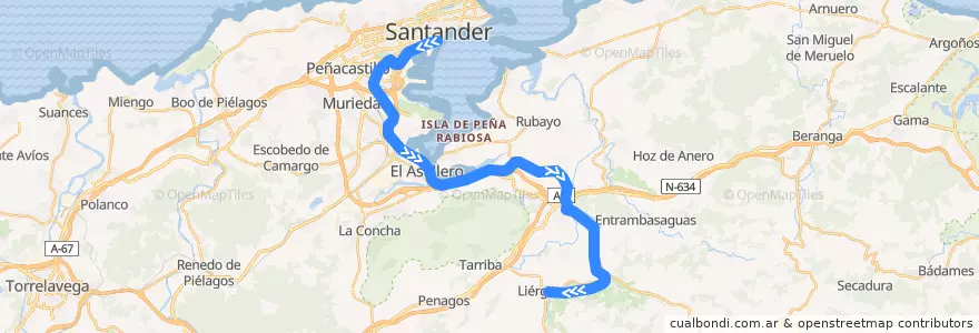 Mapa del recorrido S-2 Santander-Liérganes de la línea  en كانتابريا.